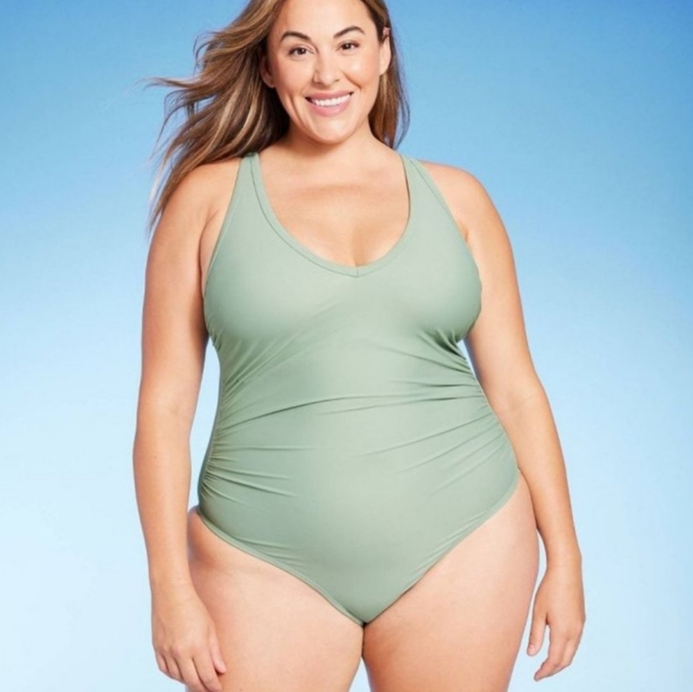 Kona Sol Sage Green V-Neck Ruched One Piece Swimsuit Plus Size 18W